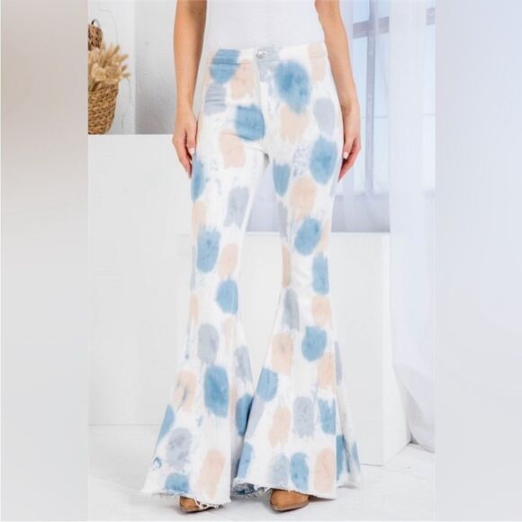 Peach Love Tie Dye Blue Tan Boho Bell Bottom 70’s Inspired Style Jeans Feminine - Picture 2 of 14